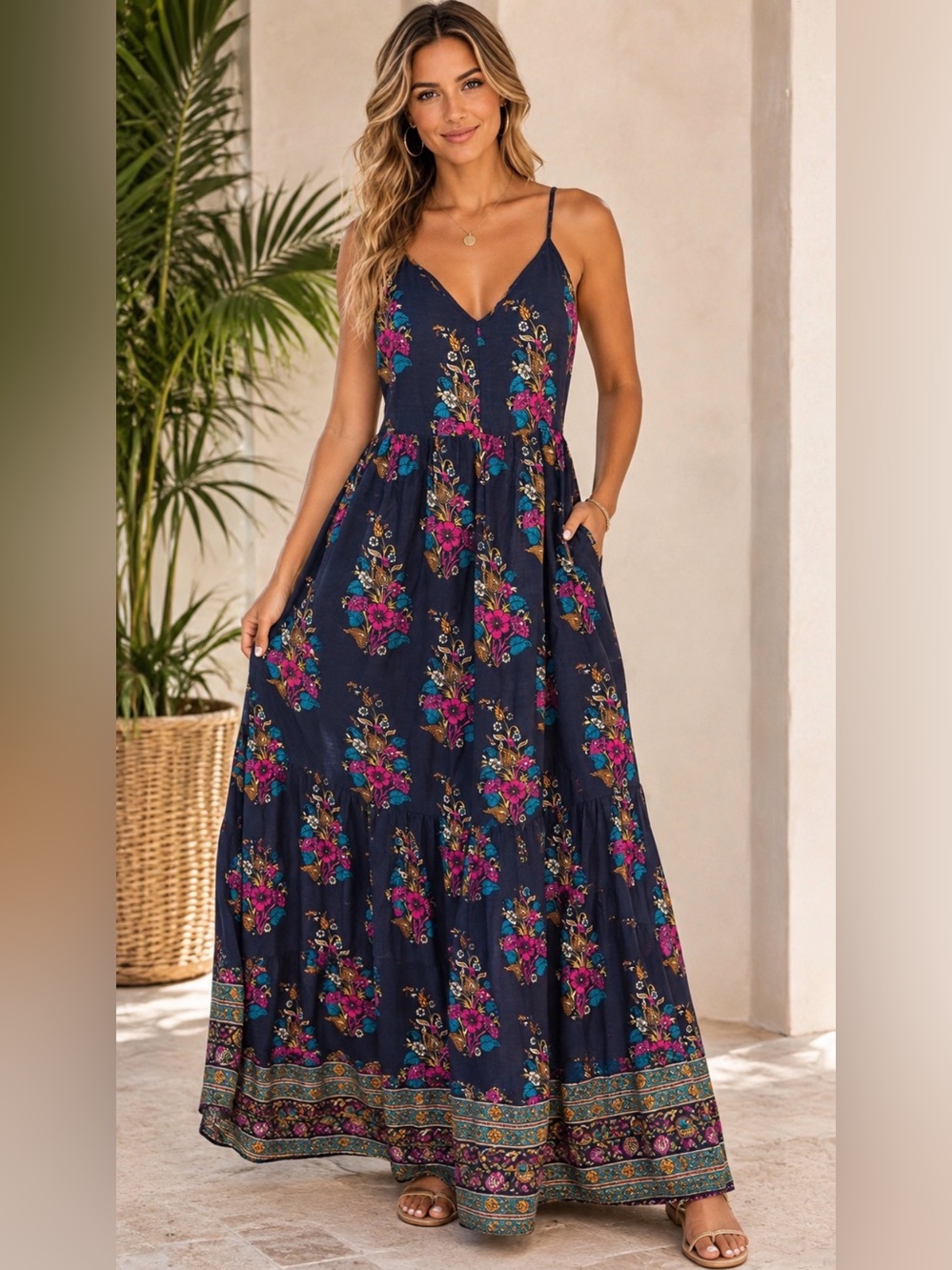 Anthropologie Maeve Geneva Maxi Dress with Pink & Teal Floral Print